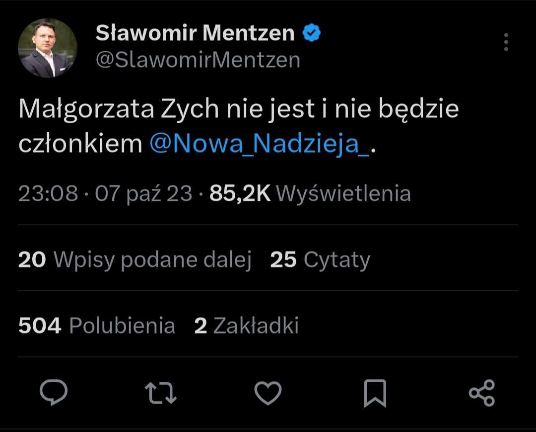 Zych liderką Nowej Nadziei Mentzen Nie jest członkiem partii